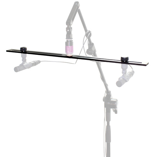 QAMS stereo bar with two sliding knurled screws on a stand, microphones faded out
