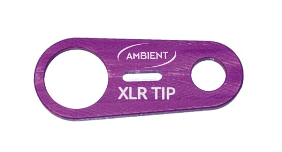 QAT-ECO XLR holder: purple anodized aluminum plate with two openings and "XLR TIP" lettering