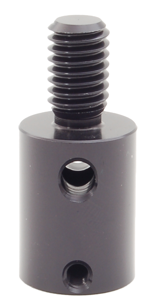 QAT/AD adapter standing upright: 3/8" male thread on top, side holes in the body