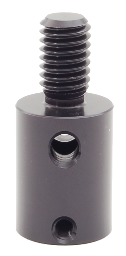 QAT/AD adapter standing upright: 3/8" male thread on top, side holes in the body